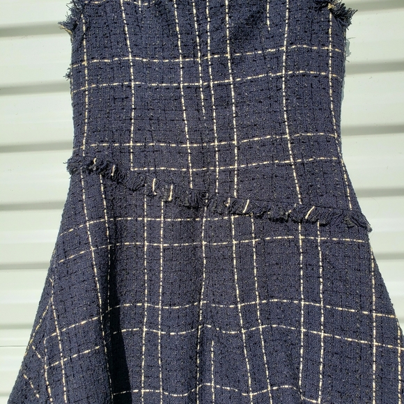 Onebuye Tweed Asymmetrical Sleeveless Raw Hem Blue Plaid Dress - Picture 12 of 14